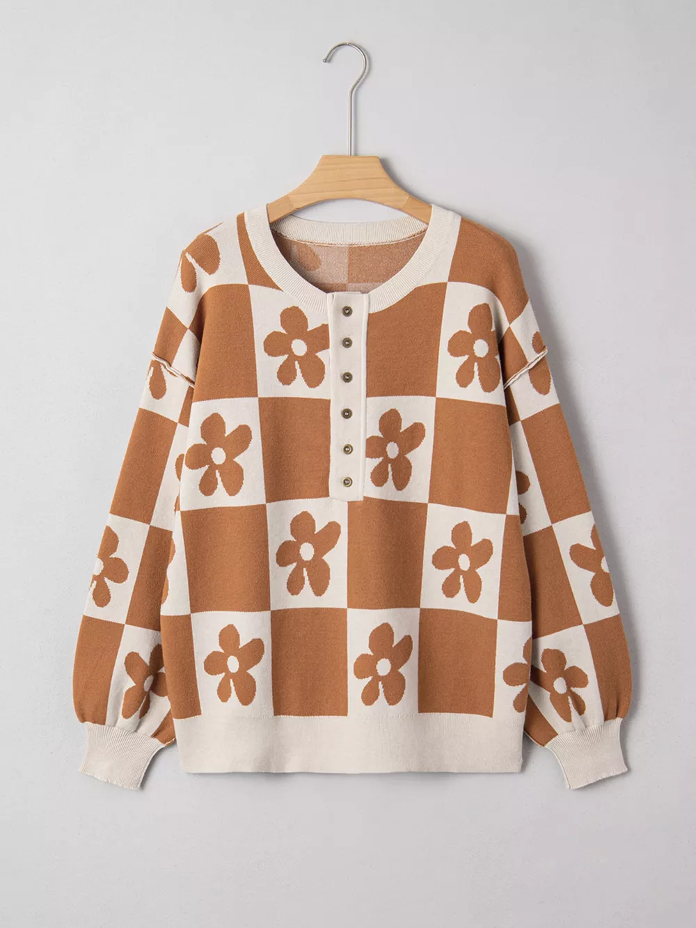 Flower Plaid Henley Baggy Sweater, image 5