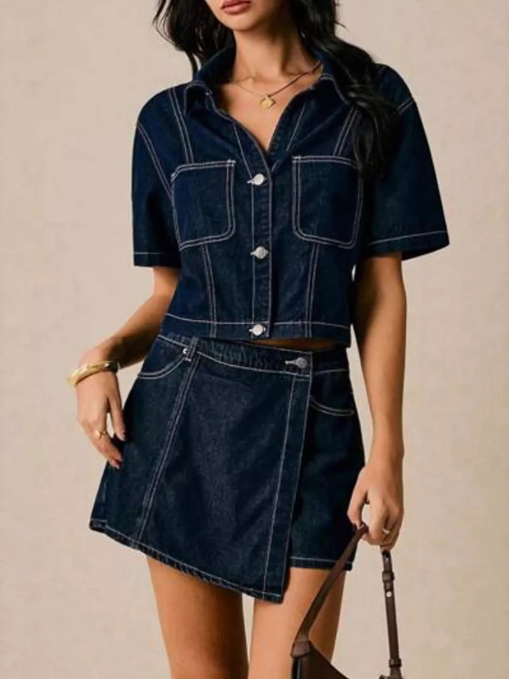 Button Up Short Sleeve Top and Skort Denim Set, image 7