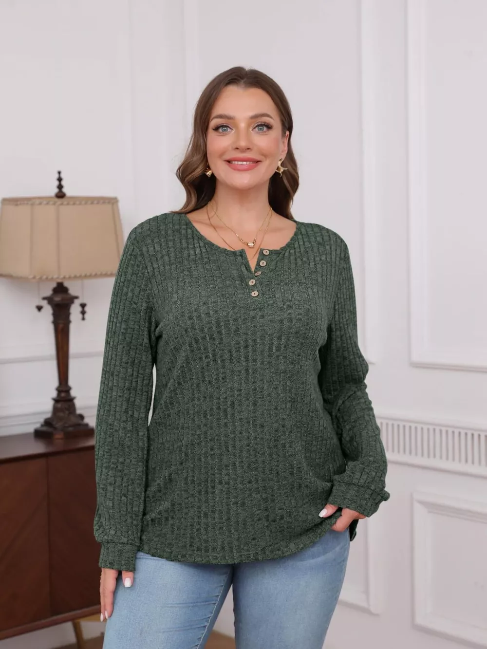 Ribbed Knit Button-Front Long Sleeve T-Shirt, image 20