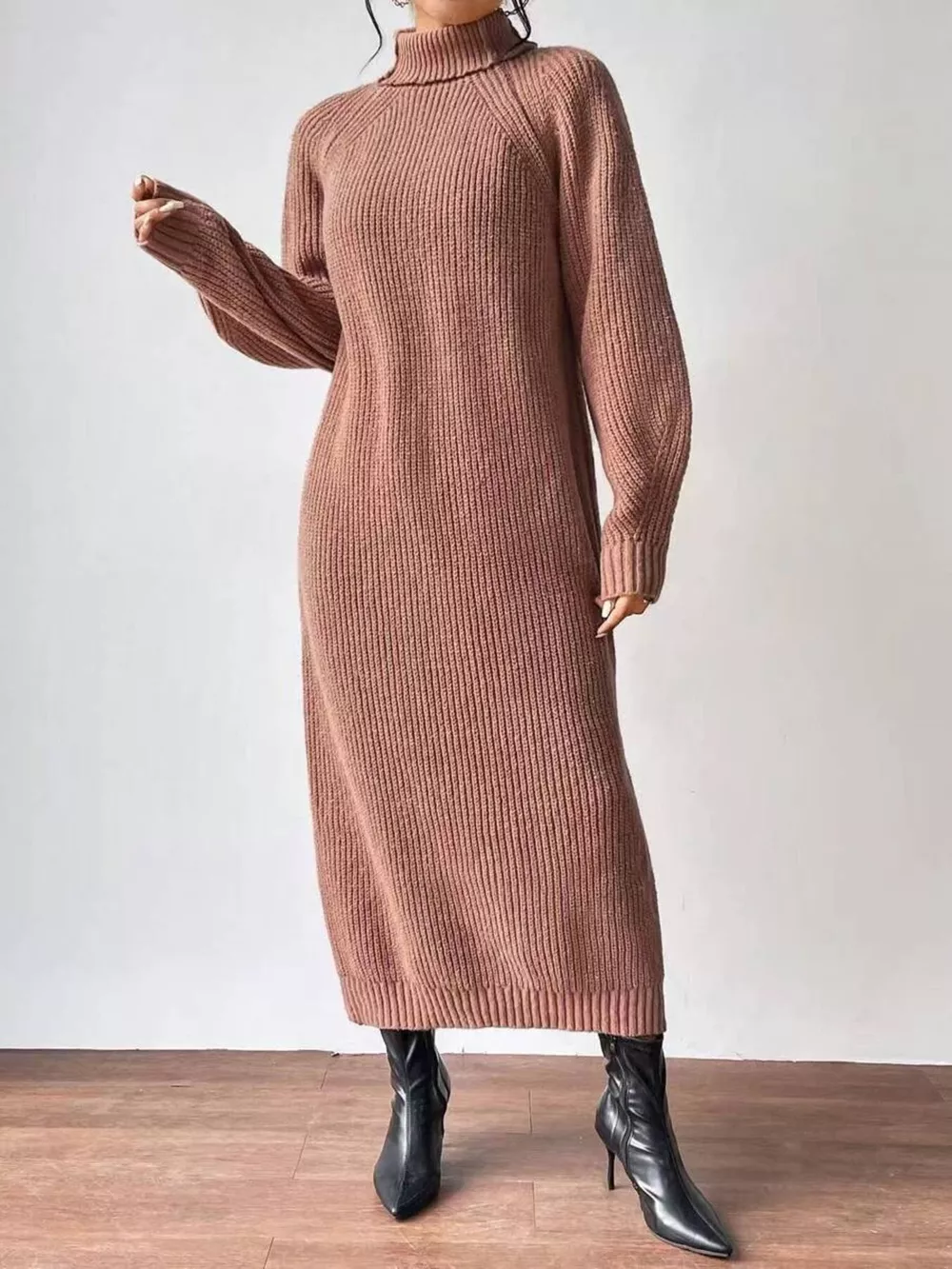 Turtleneck Ribbed Knit Midi Sweater Dress, image 4