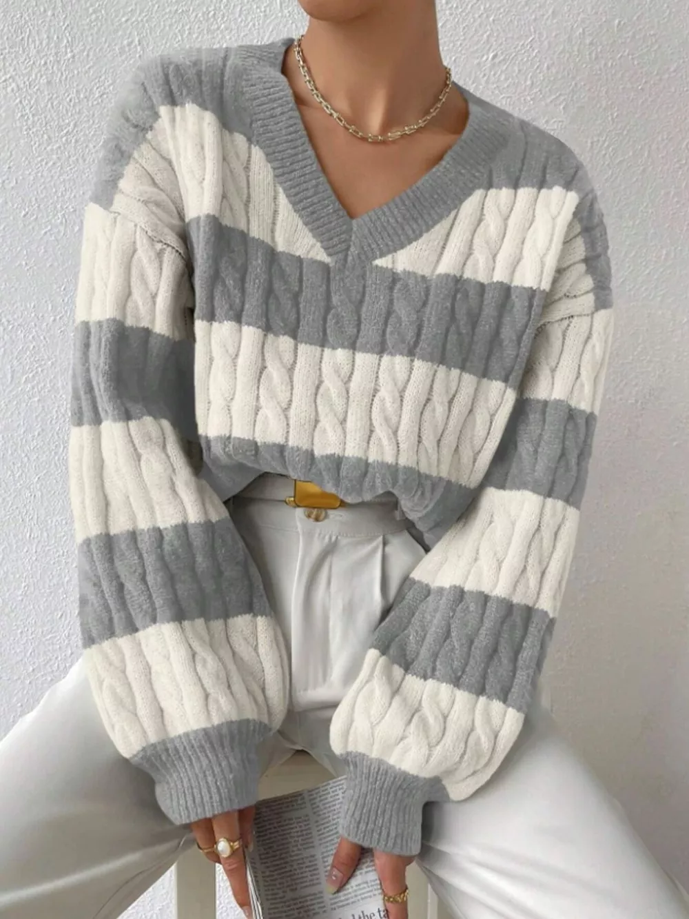 V-Neck Striped Cable Knit Sweater, image 10
