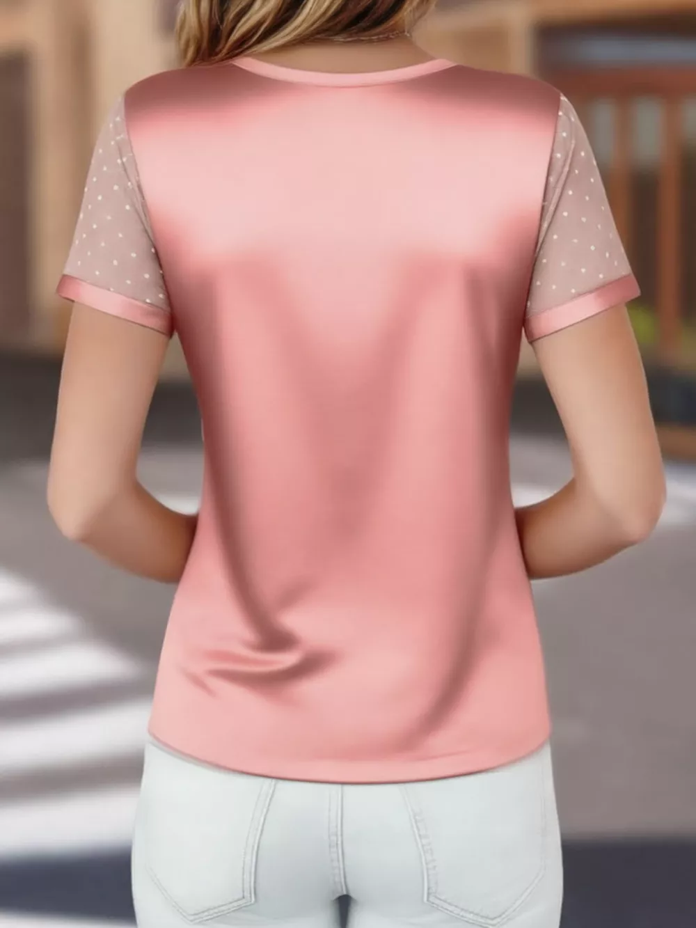 Satin V-Neck Sheer Short Sleeve Top, image 9