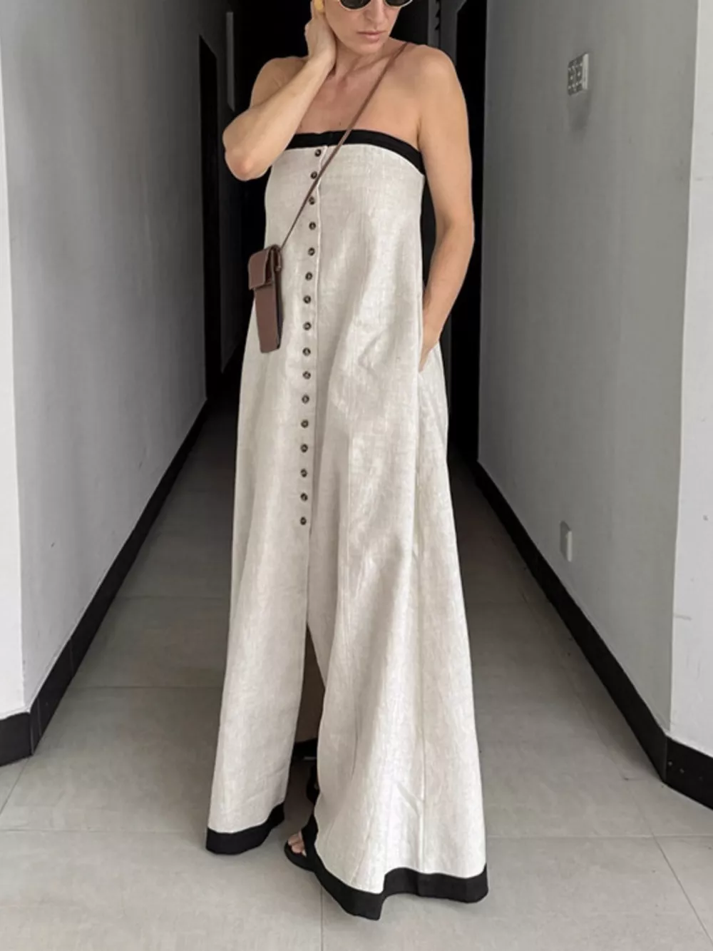Contrast Trim Button Front Tube Maxi Dress, image 2