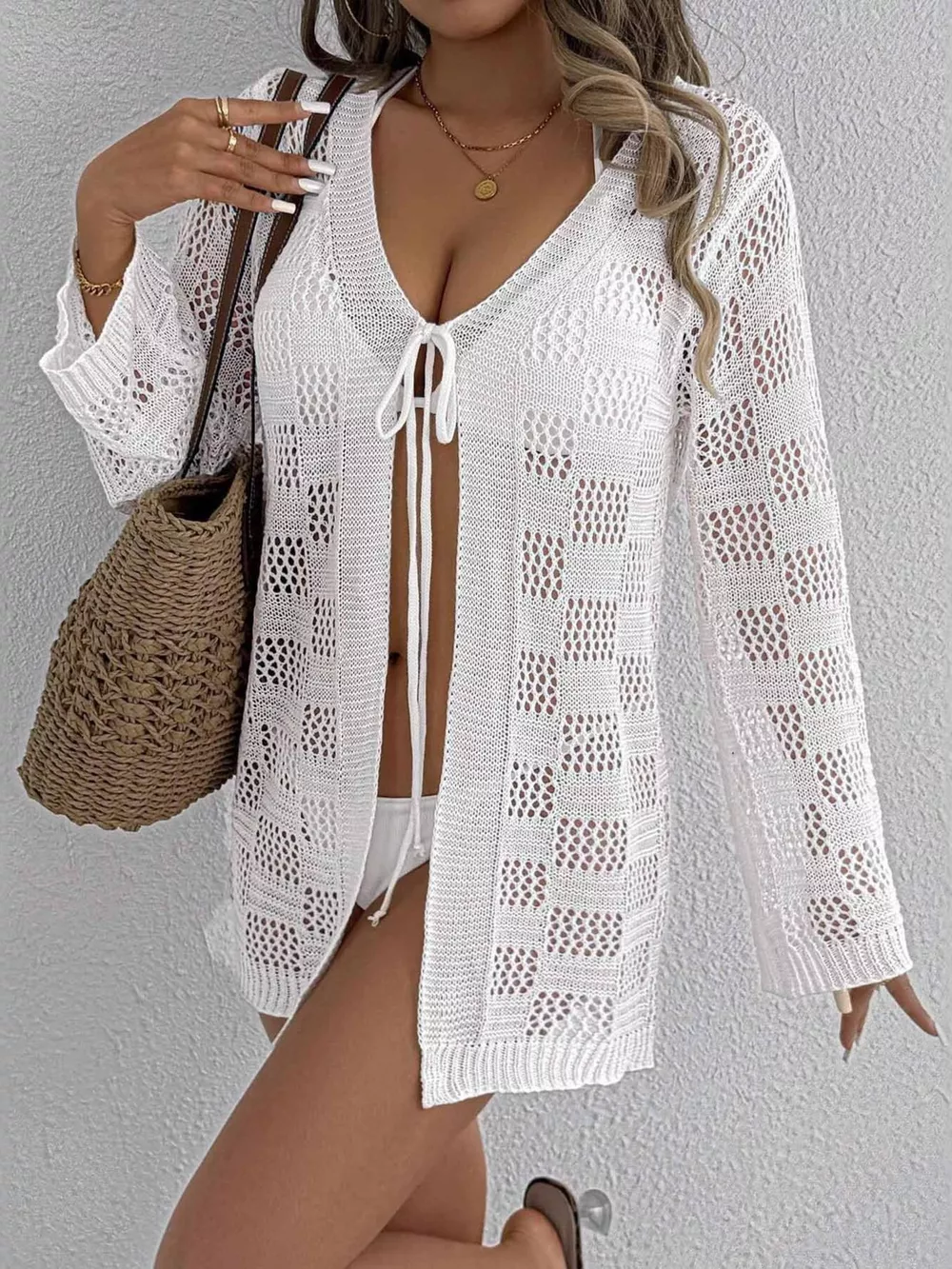 Crochet Knit Tie Front Cover-Up, image 5
