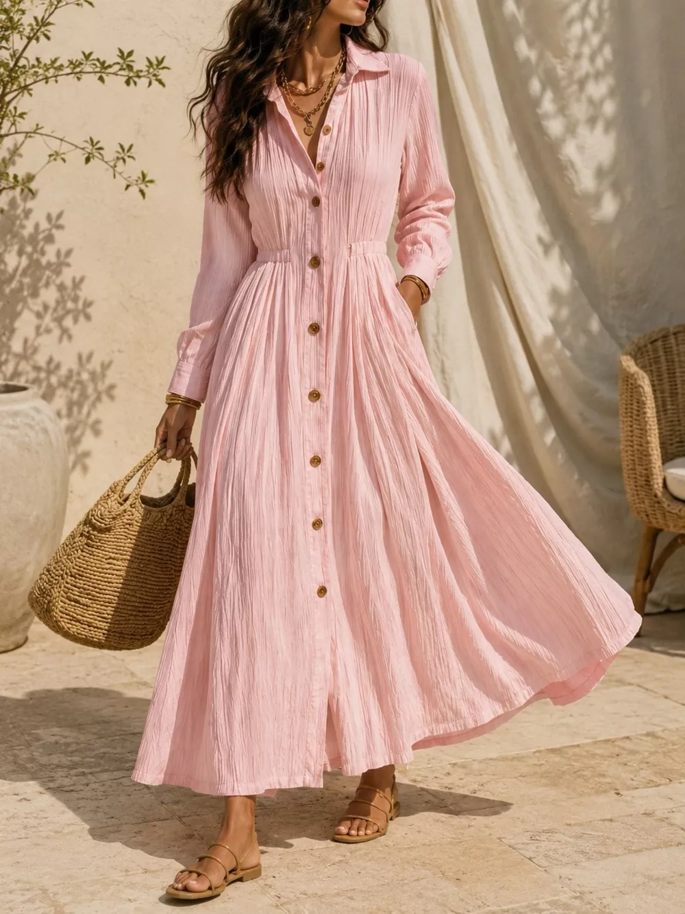 Full Size Textured Button Front Long Sleeve Maxi Dress Plus Size, image 19