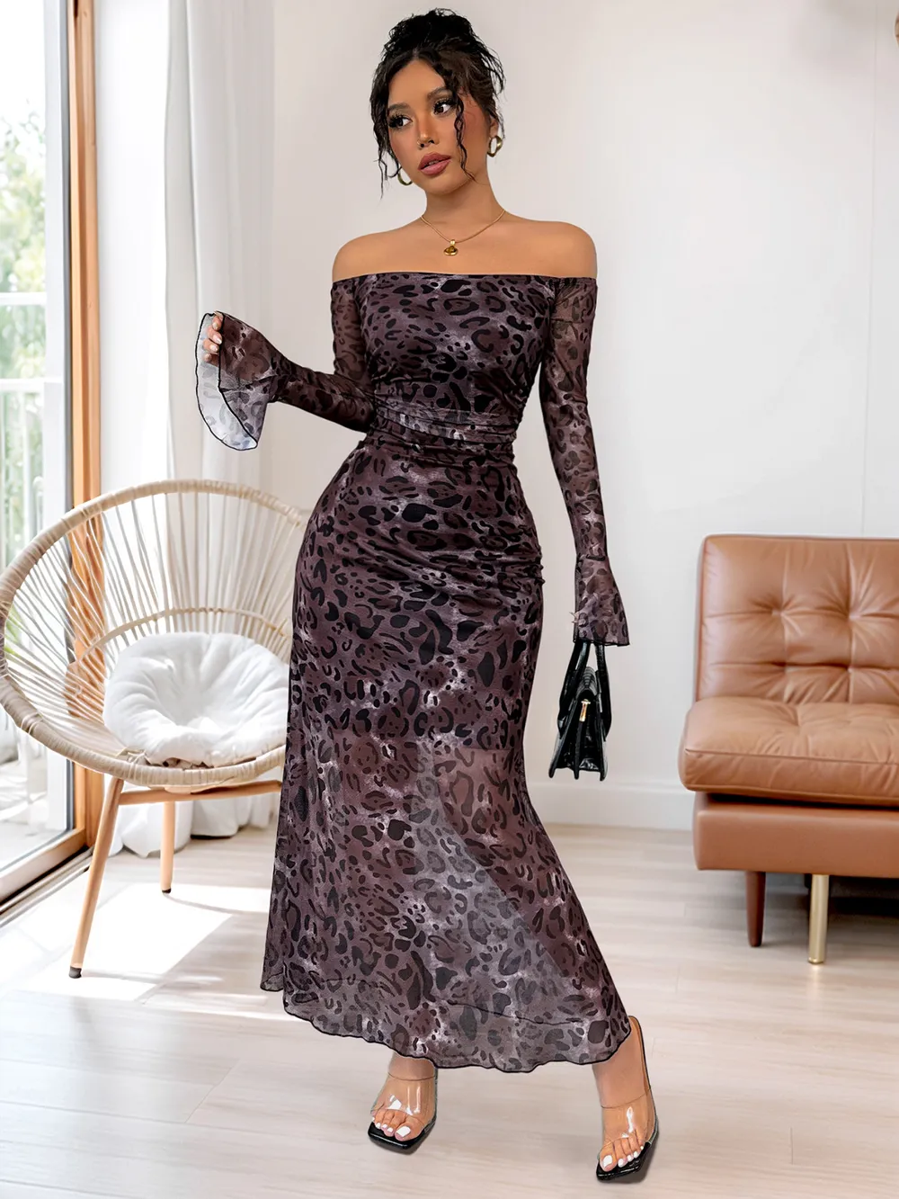 Off-Shoulder Long Sleeve Maxi Dress, image 2