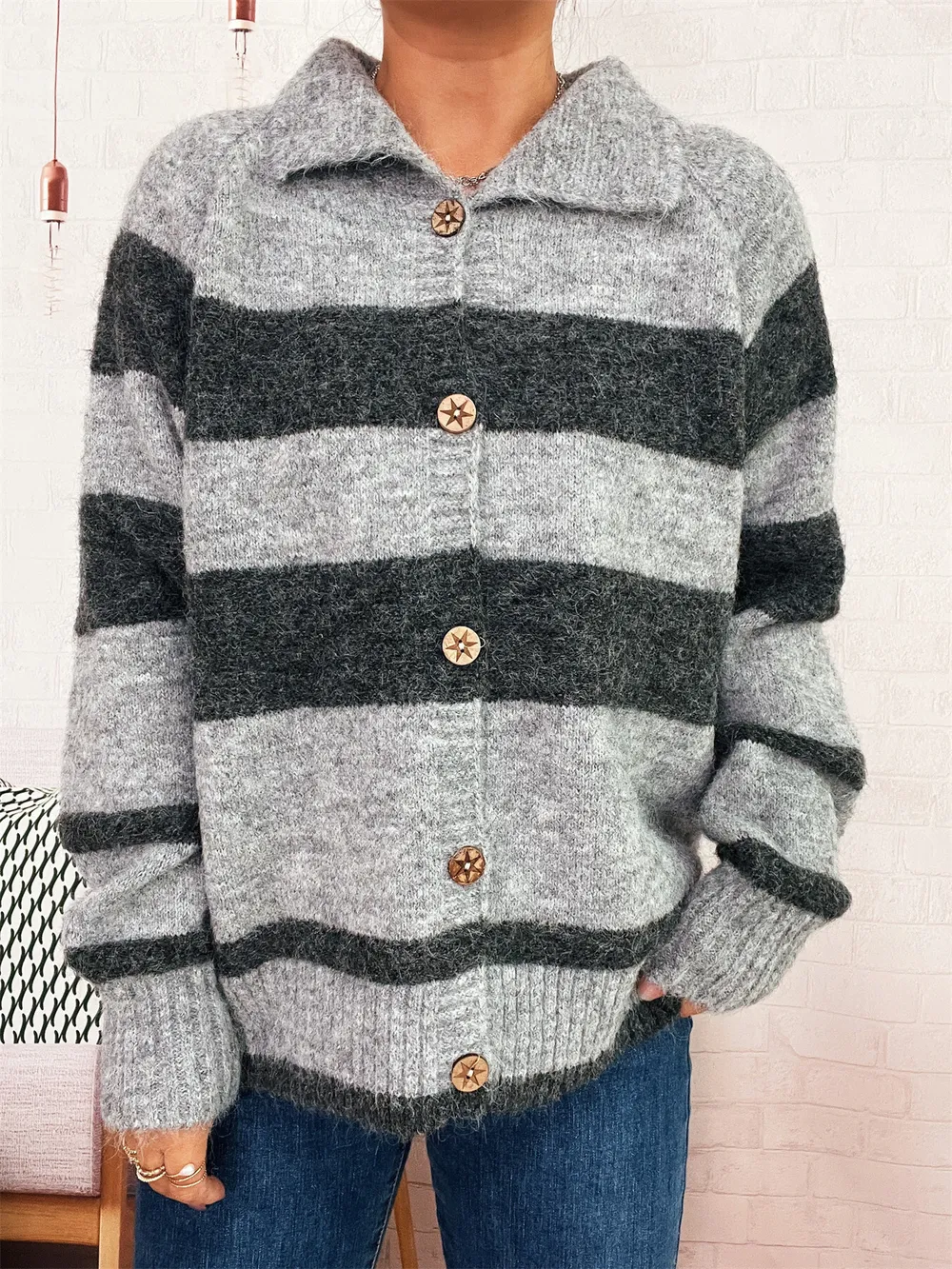 Striped Button-Up Cozy Cardigan, image 14