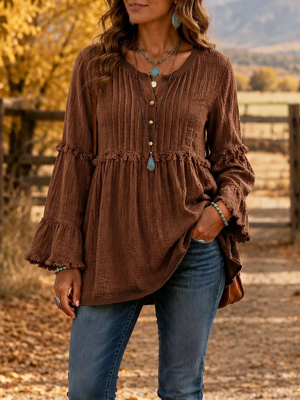Full Size Fringe Trim Ruffle Sleeve Blouse Plus Size, image 7