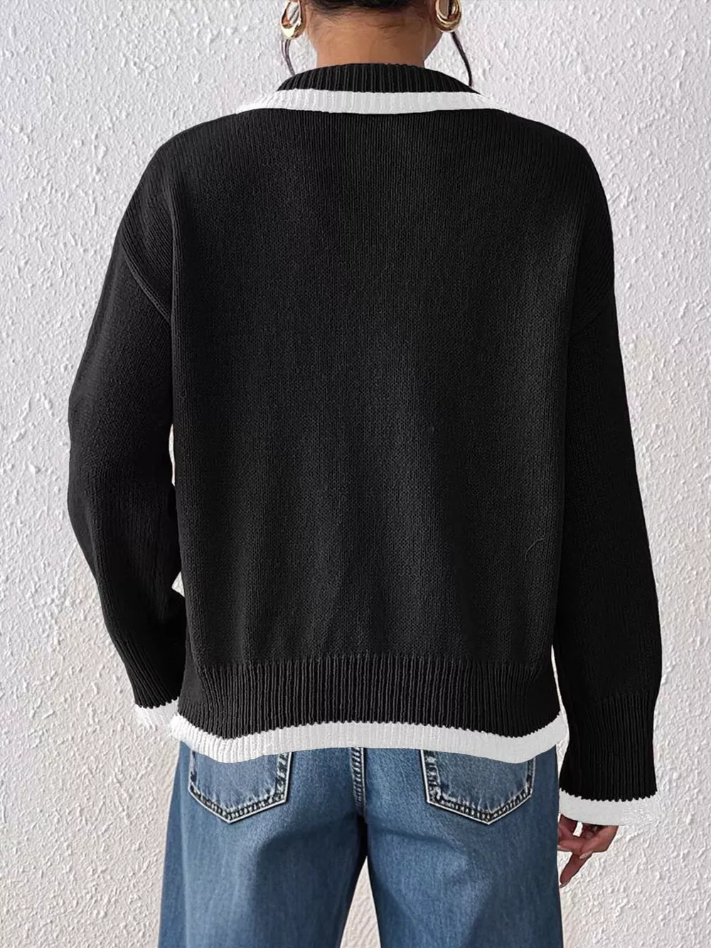 Contrast Trim Heart Embroidered Polo Collar Sweater, image 9