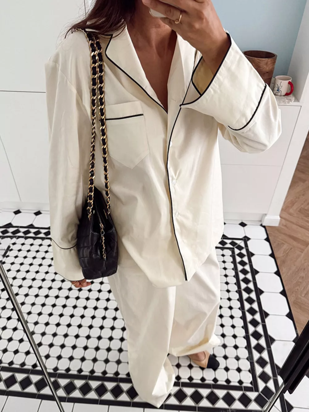 Contrast Trim Button Up Top and Pants Lounge Set, image 2