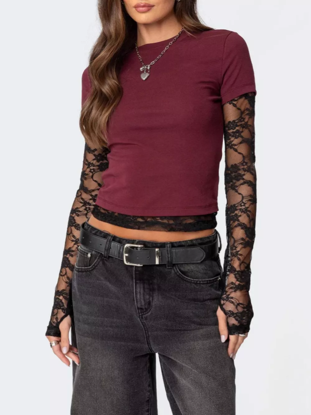 Cropped T-Shirt with Sheer Lace Sleeves, image 5