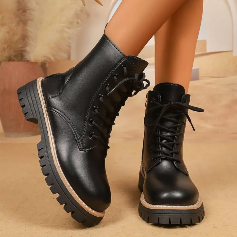 Lace Up Leather Combat Boots with Chunky Sole, image 4