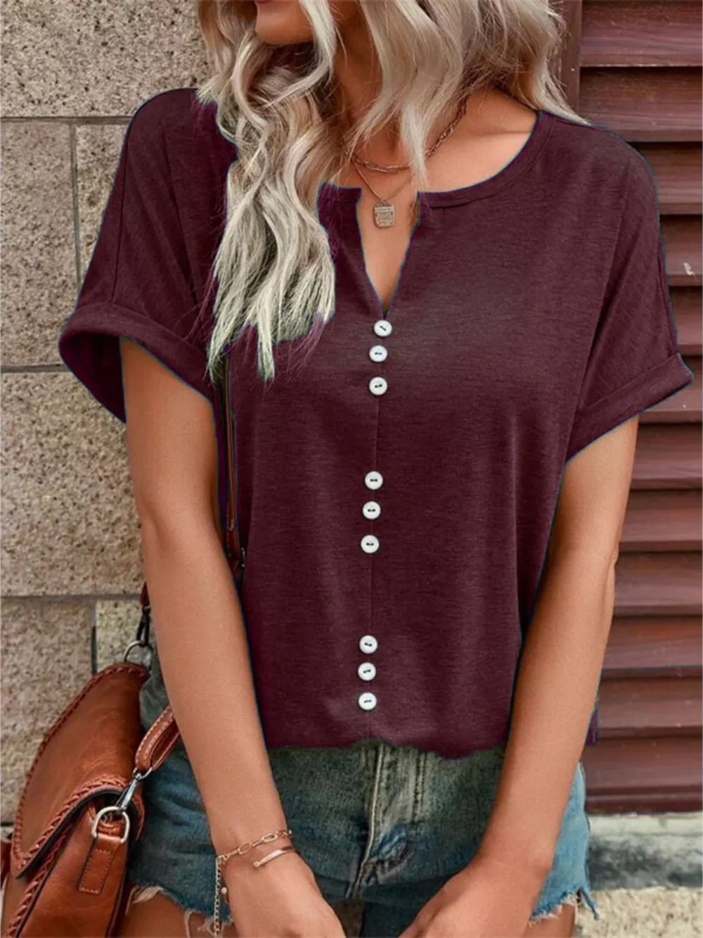 Full Size Decor Button Short Sleeve T-Shirt Plus Size, image 14