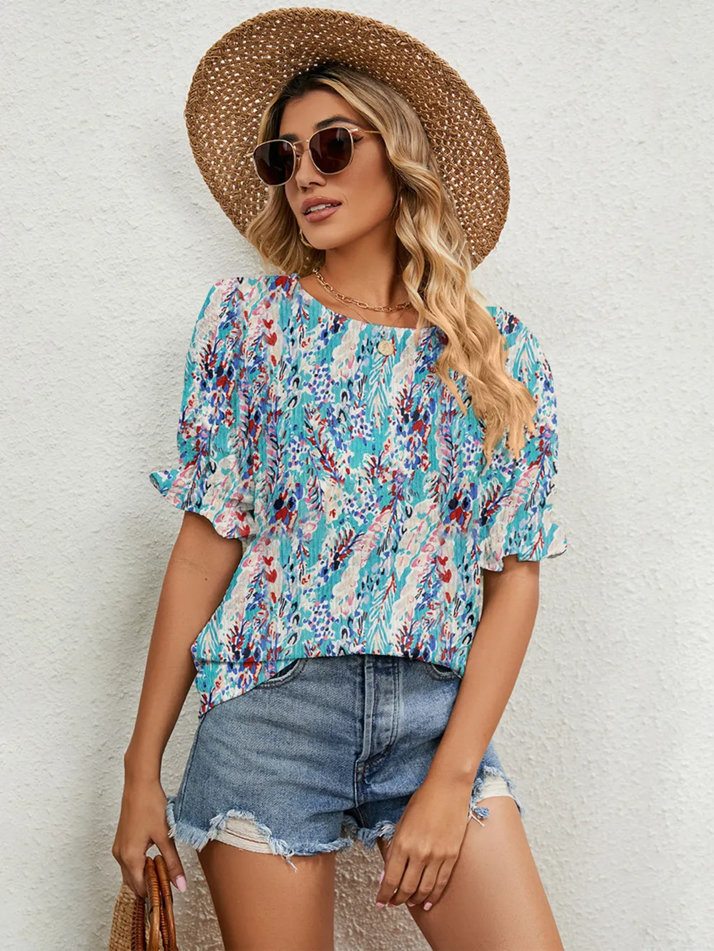 Printed Puff Sleeve Casual Blouse, image 9