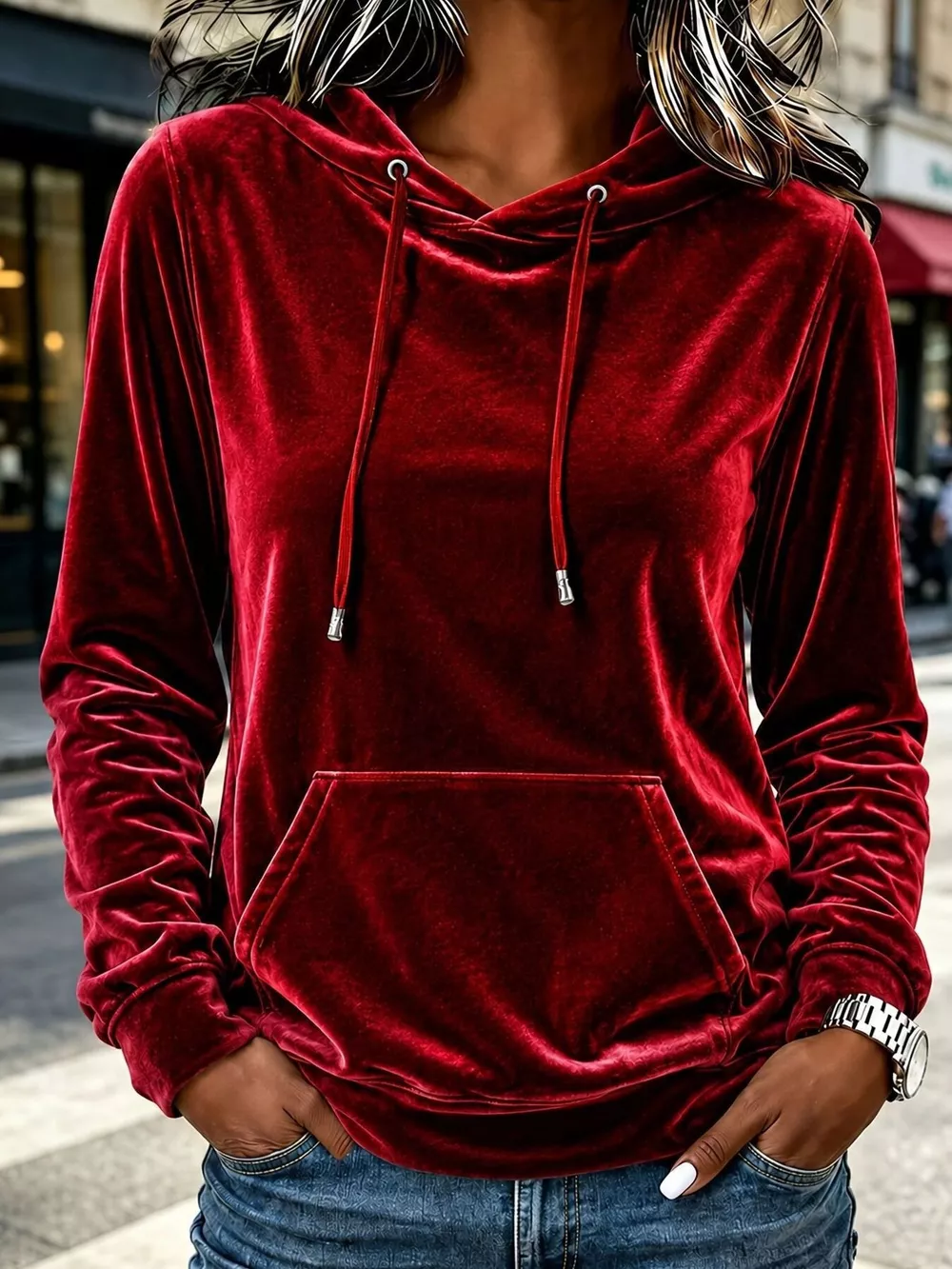 Full Size Velvet Kangaroo Pocket Hoodie Plus Size, image 5