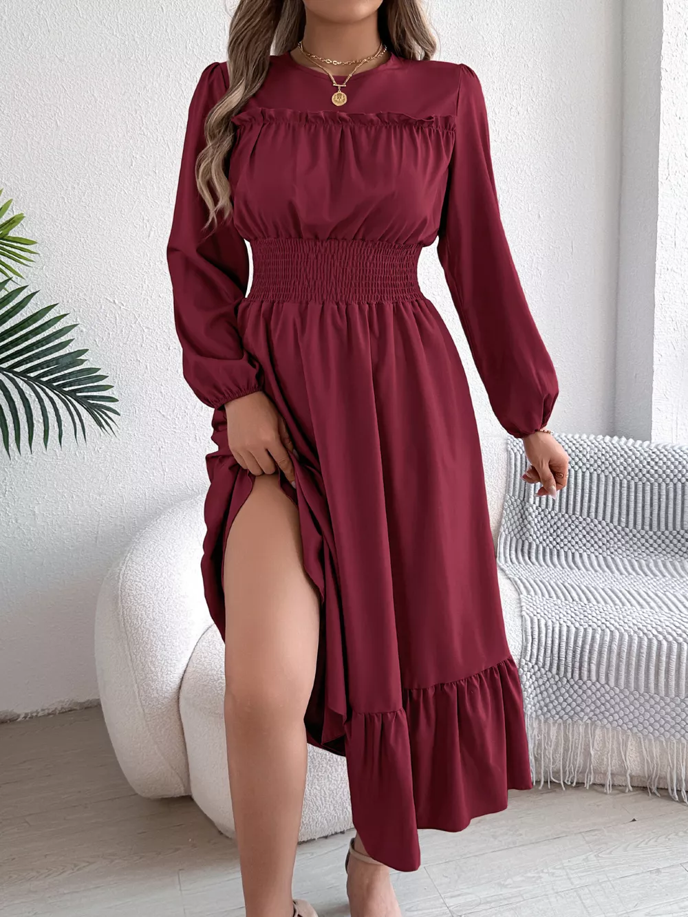 Round Neck Balloon Sleeve Tiered Dress, image 9
