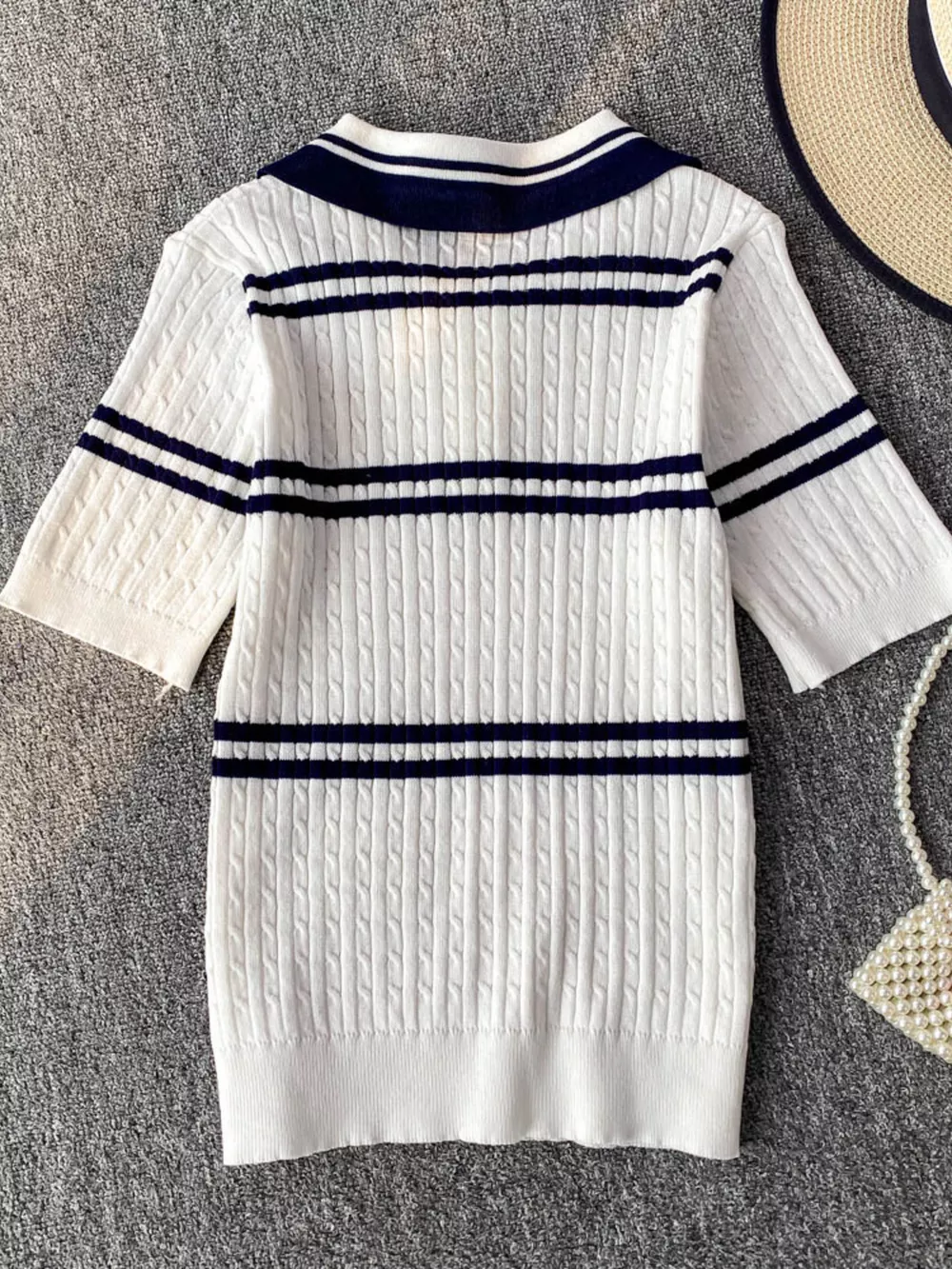Striped Knit Polo Collar Top, image 6