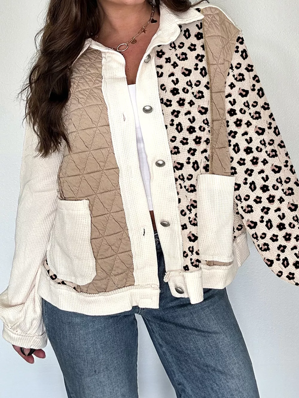 Leopard Waffle Quilted Patchwork Button Front Jacket, image 7