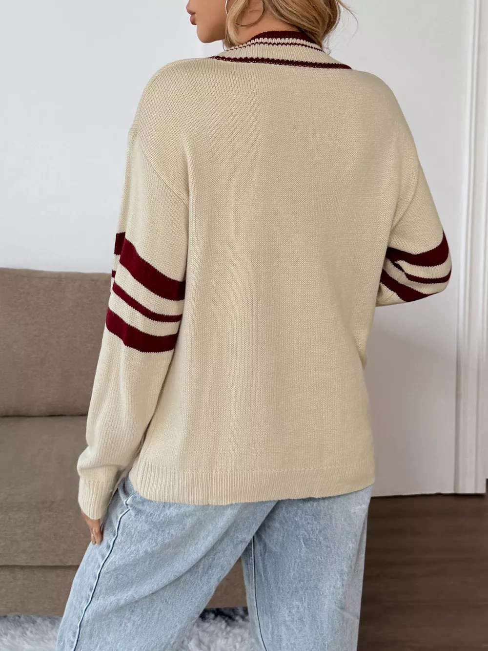 Contrast Trim V-Neck Long Sleeve Sweater, image 6