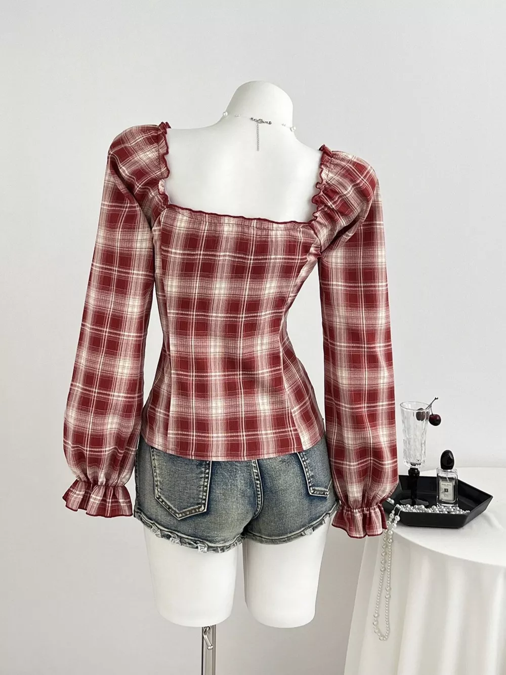 Plaid Lace-Trimmed Long Sleeve Blouse, image 4