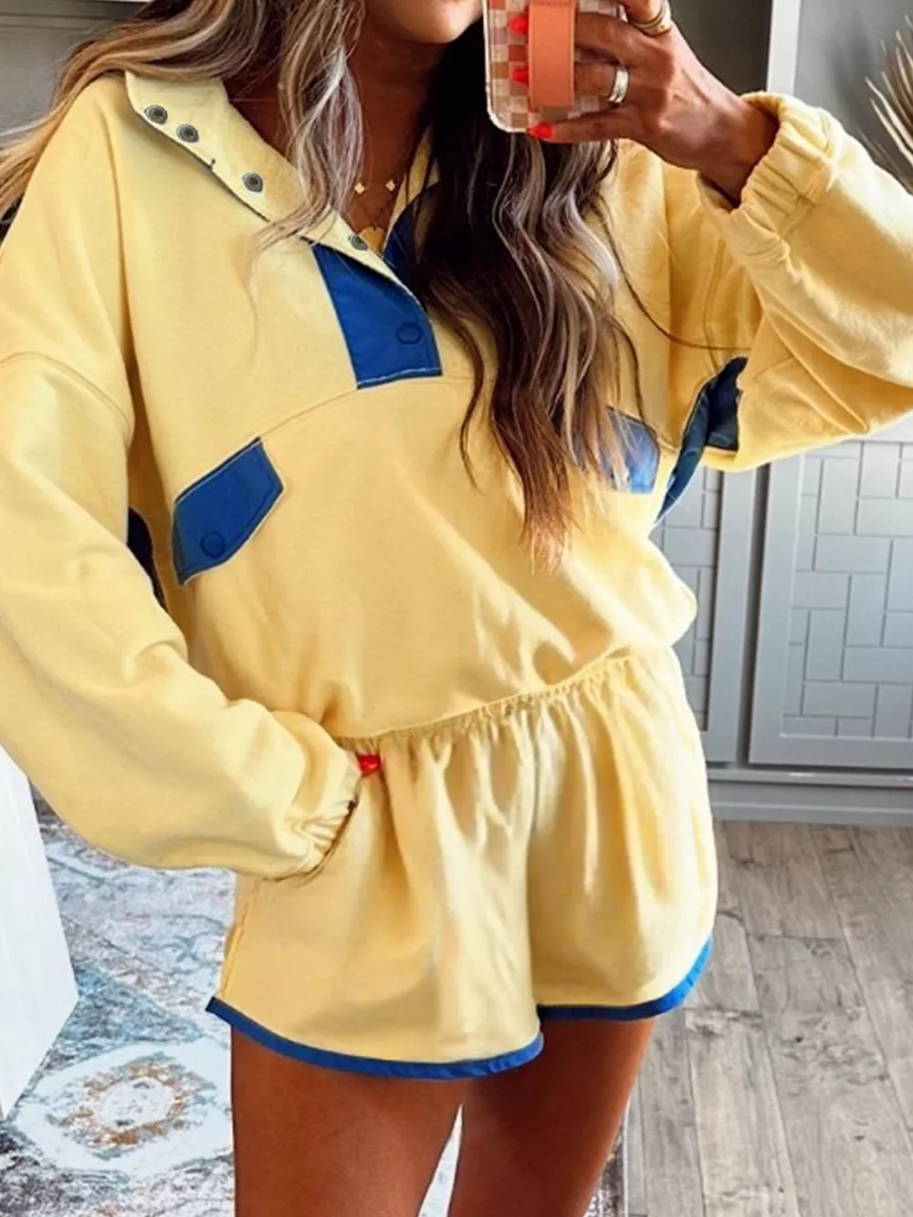 Color Block Patchwork Half Button Top and Shorts 2pcs Set