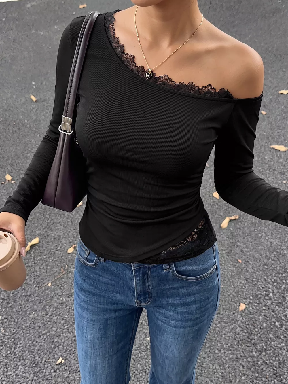 One-Shoulder Lace Trim Slim Fit T-Shirt, image 5