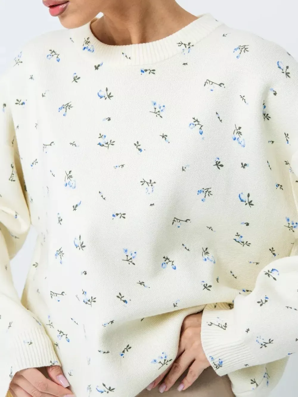 Ribbed Hem Floral Long Sleeve Sweater, image 2