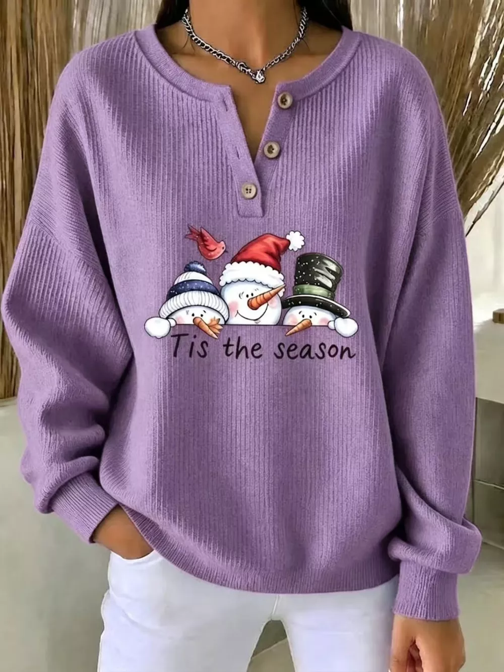Full Size Christmas Themed Snowman Graphic Ribbed Henley Sweatshirt Plus Size, image 15