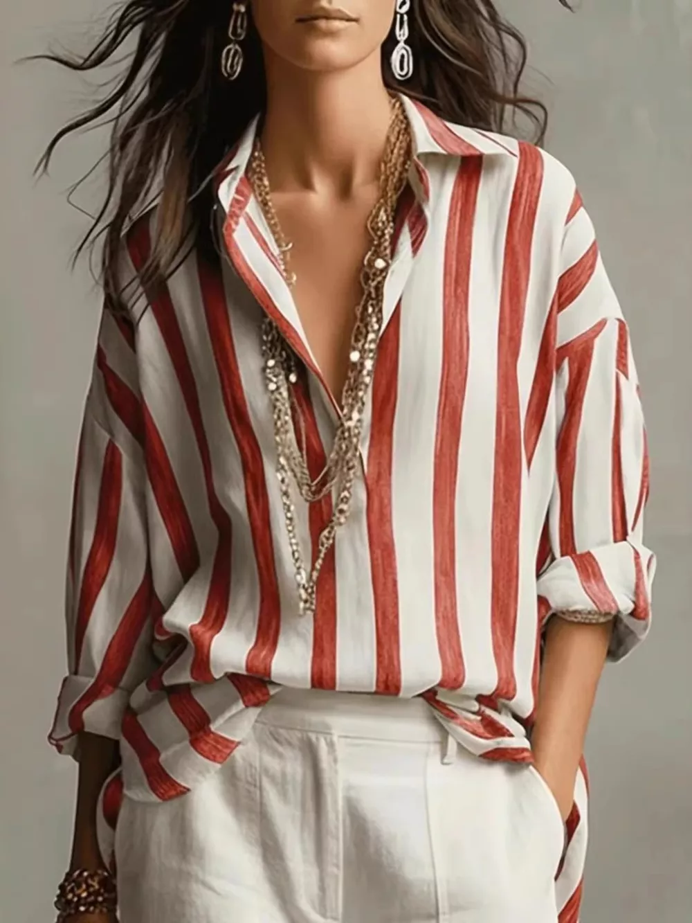 Full Size Oversized Striped Long Sleeve Shirt Plus Size