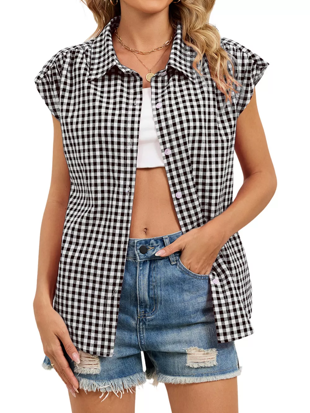 Plaid Button Up Cap Sleeve Shirt, image 15