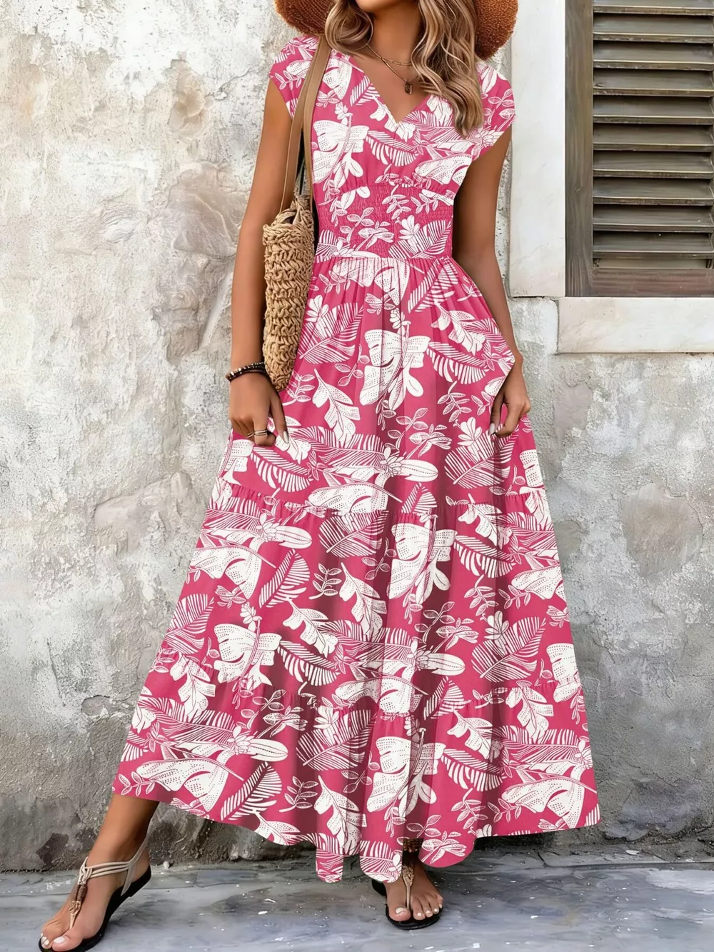 Full Size Printed V-Neck Tiered Maxi Dress Plus Size, image 14