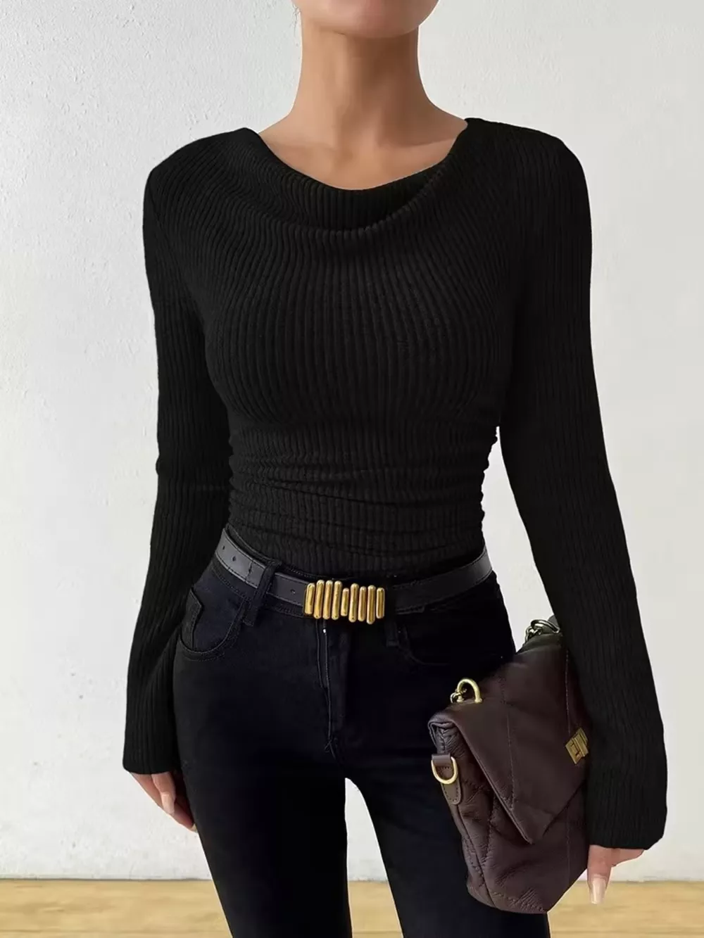 Cowl Neck Ribbed Long Sleeve Sweater