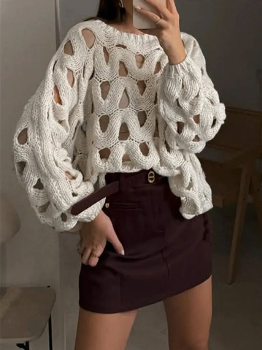 Chunky Cable Knit Hollow Out Sweater, image 4