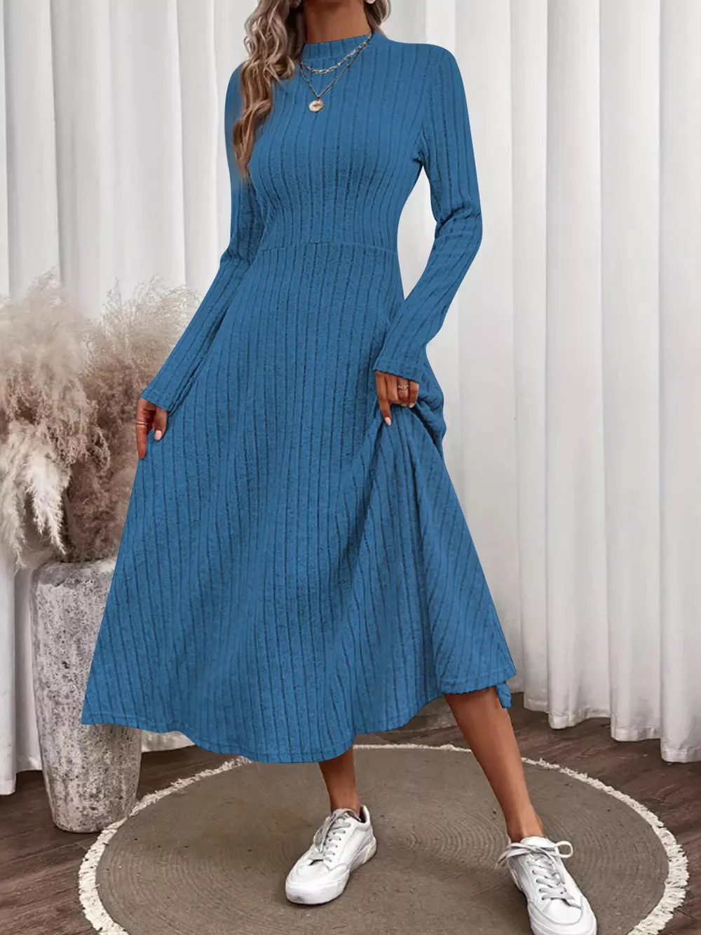 Ribbed Knit Long Sleeve Midi Dress, image 3