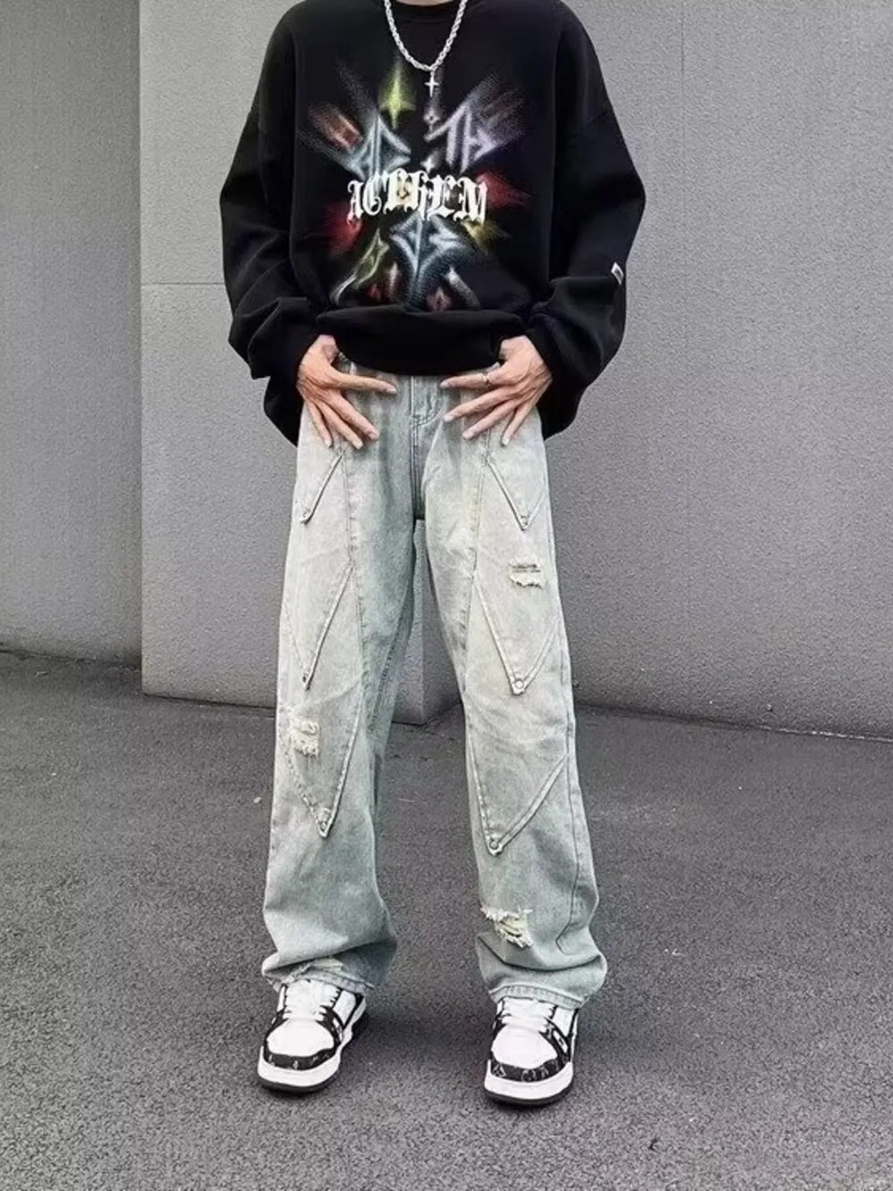 Men's Full Size Distressed Wide Leg Jeans Plus Size