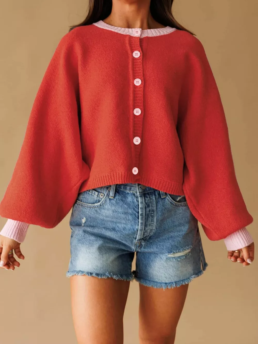 Button-Front Knit Cardigan with Contrast Trim, image 6
