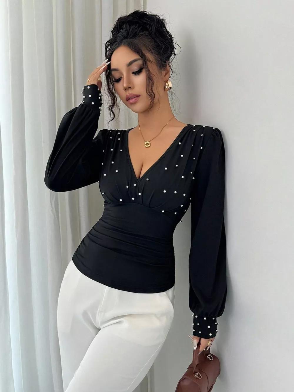 Pearl Embellished V-Neck Blouse, image 8