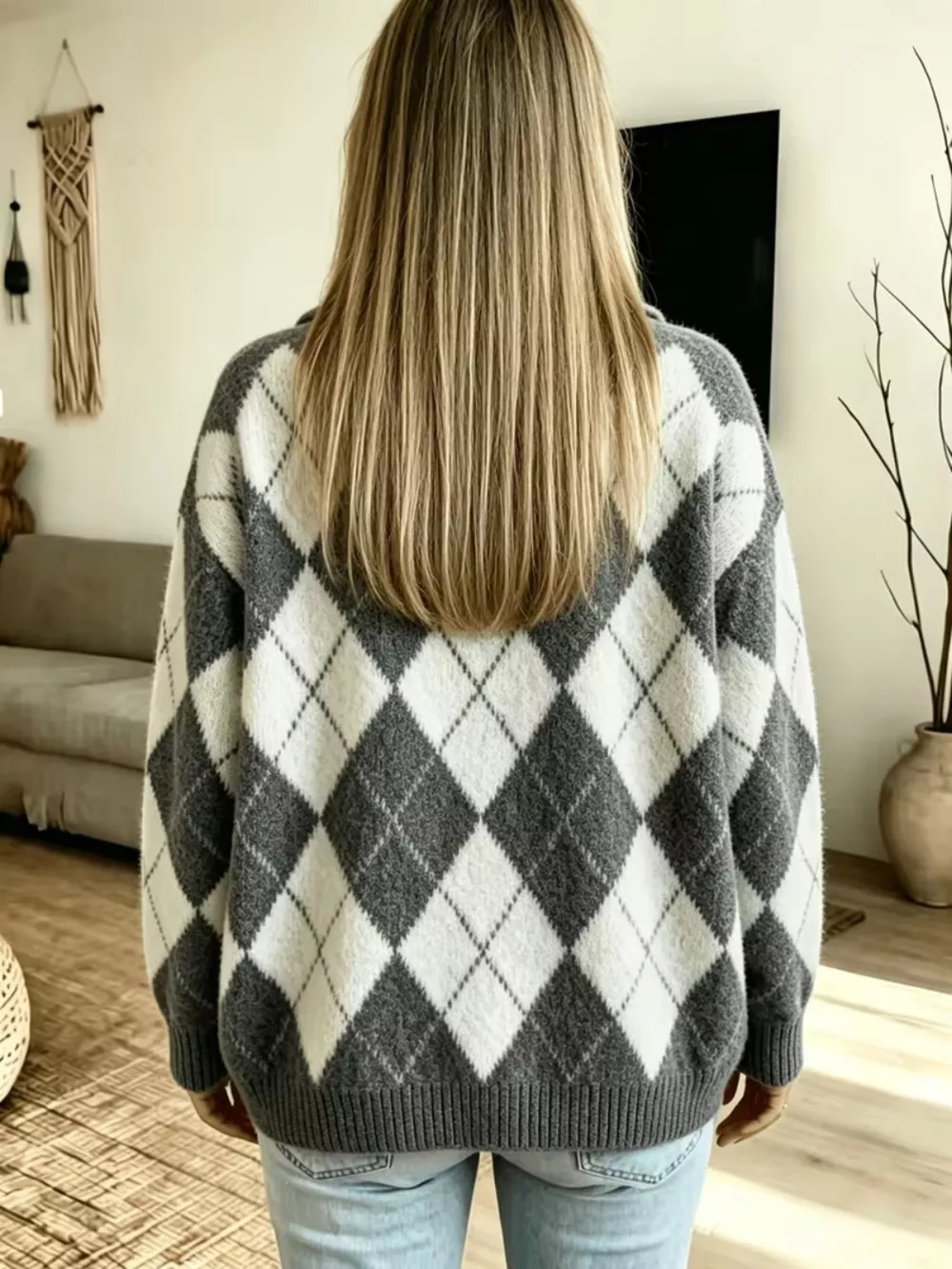 Argyle Pattern Polo Collar Sweater, image 7