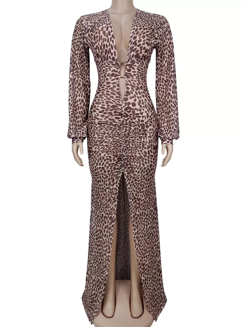 Leopard Print Deep V-Neck Long Sleeve High Slit Maxi Dress, image 3