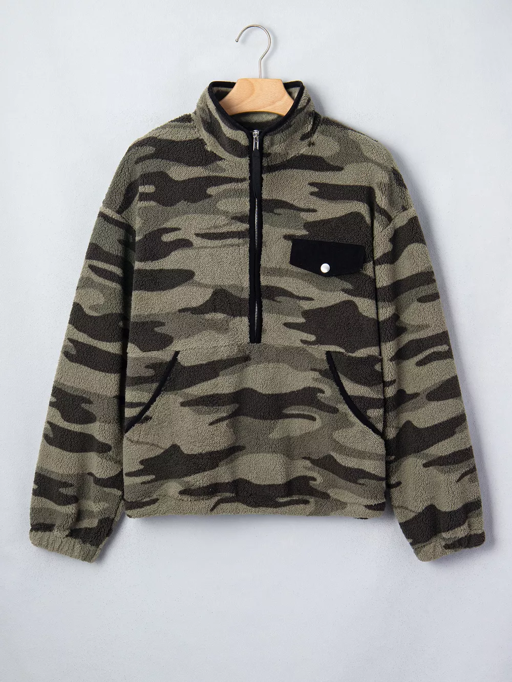 Camouflage Fleece Half Zip-Up Long Sleeve Pocket Sweatshirt, image 3