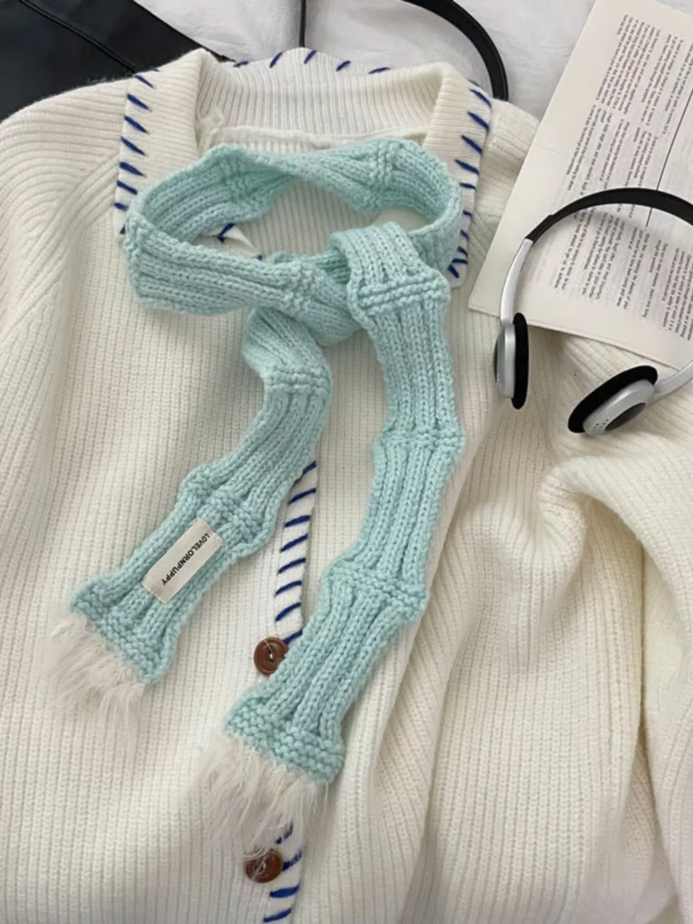Knitted Plush Trim Scarf, image 7