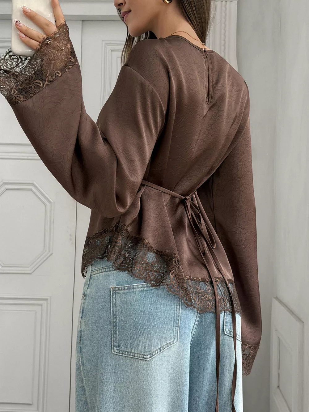 Lace Trim Flare Sleeves Satin Blouse, image 2