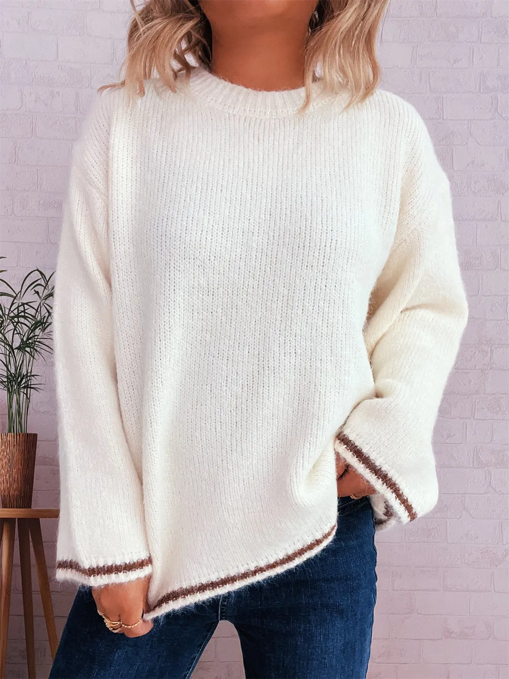 Contrast Trim Round Neck Cozy Sweater, image 17