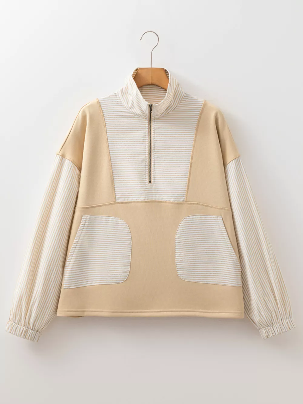 Quarter Zip Striped Patchwork Drop Shoulder Loose Long Sleeve Top, image 3