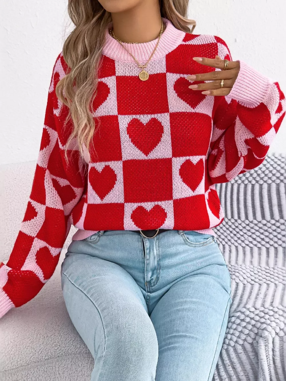 Heart Checkerboard Pattern Round Neck Sweater, image 16