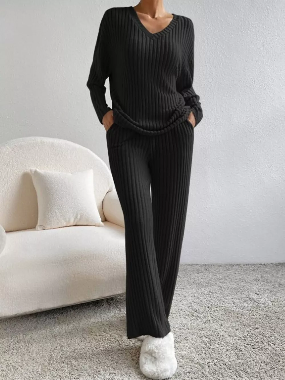 Ribbed Knit V-Neck Top and Pants Set, image 12