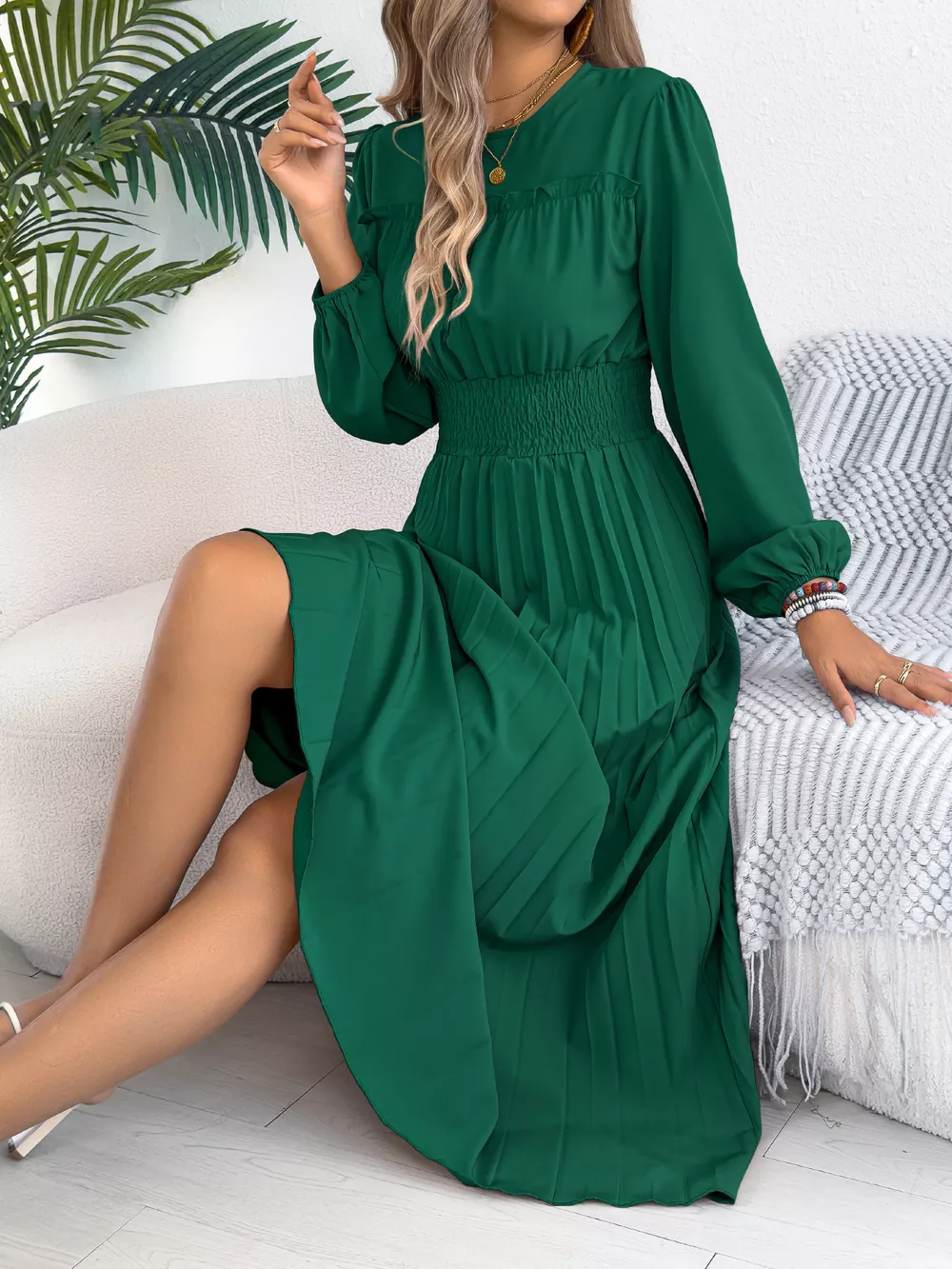 Smocked Pleated Long Sleeve Midi Dress, image 6