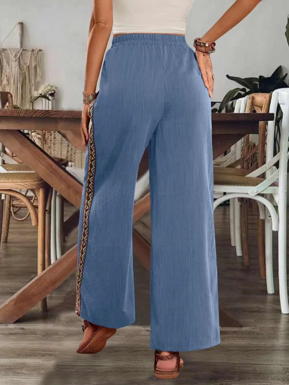 Bohemian Wide Leg Embroidered Side Stripe Pants, image 6