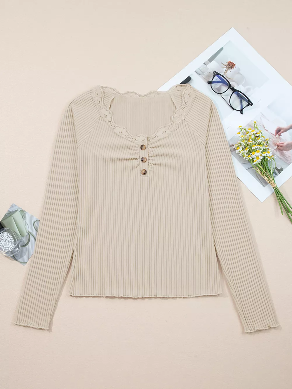 Lace Neckline Button Decor Lettuce Edge Long Sleeve Ribbed Top, image 3
