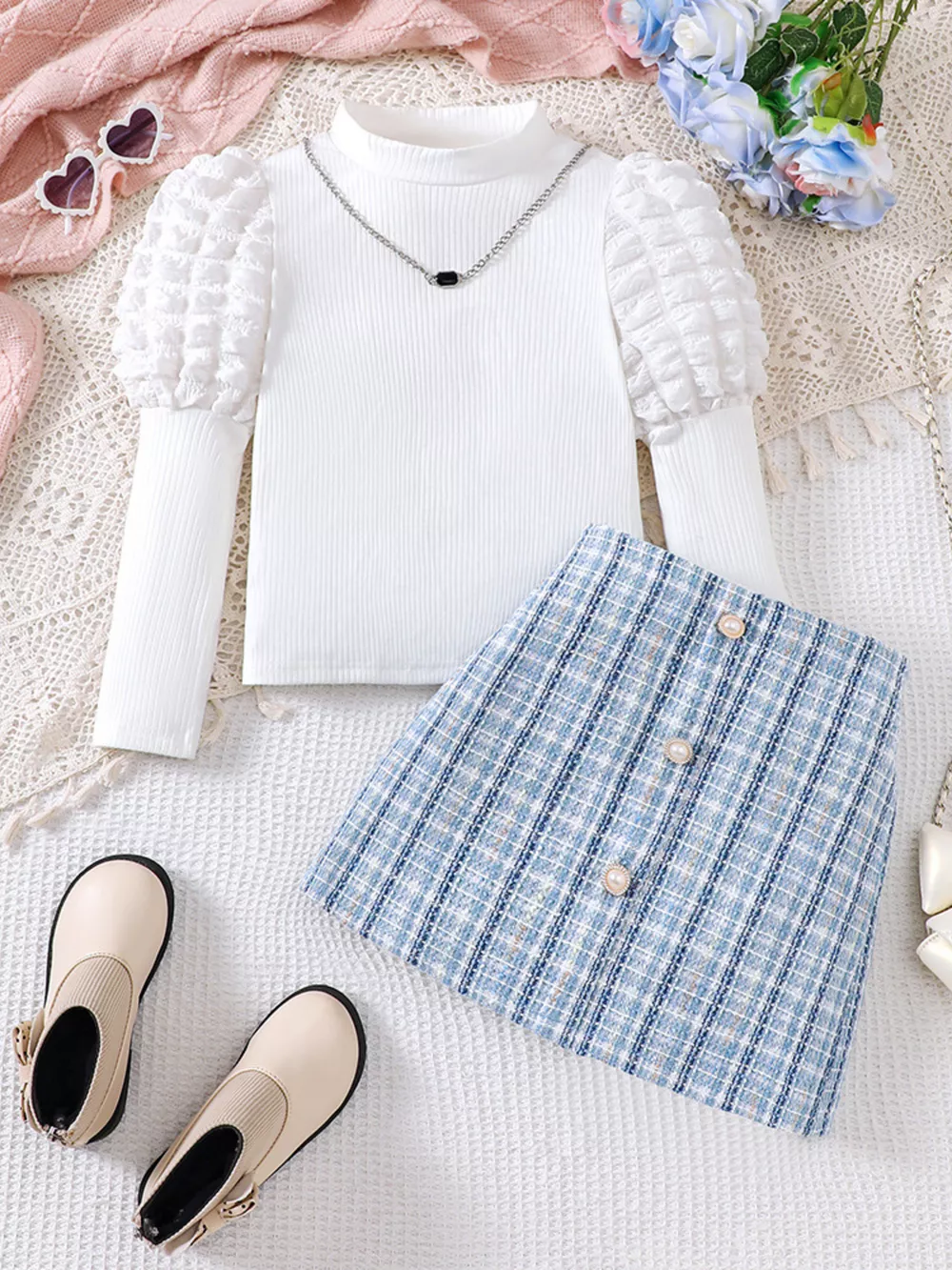 Children's Puff Sleeves Top and Plaid Skirt Set, image 2